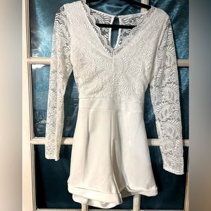 White lace top, dressy shorts romper.